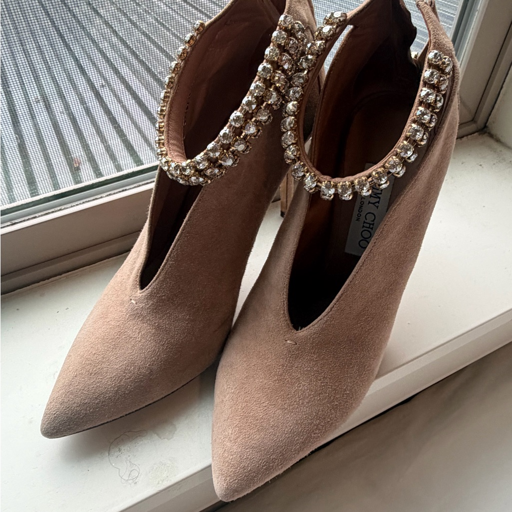 Jimmy Choo Tan Suede Heeled Boots With Crystal Accents
